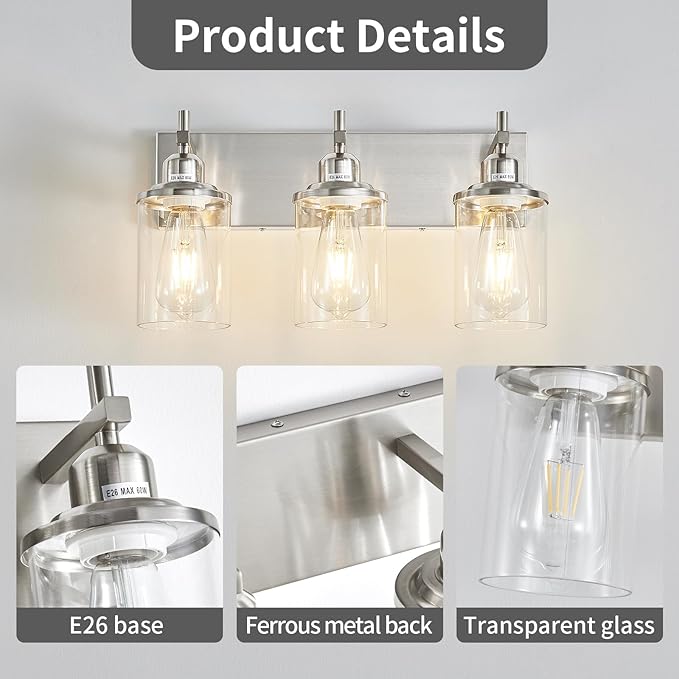 Lanhall 3-Light Brushed Nickel Bathroom Light Fixture Over Mirror Modern Bathroom Vanity Light Vintage Wall Lighting with Clear Glass Shade for Bathroom, Bedroom, Hallway, Cabinet