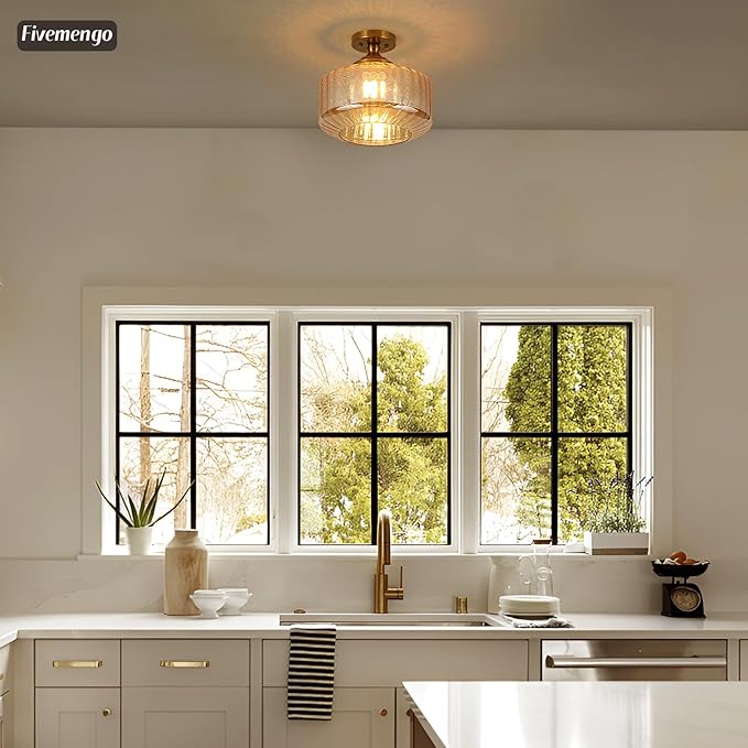 11.8in Semi Flush Mount Ceiling Light Fixture, Vintage Striated Glass Kitchen Lighting Fixtures Ceiling Mount for Entryway Hallway Bedroom Dining Room Bathroom Foyer Laundry (Amber)