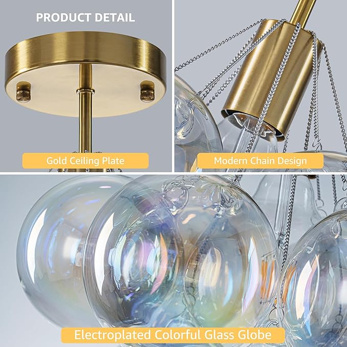 GoYeel Semi Flush Mount Ceiling Lighting 14.17", Modern Chandelier Gold Globe Colorful Bubble Ceiling Light Fixture with 9 Chromatic Glass Ball for Foyer Kitchen Bedroom, Include E26 Bulb