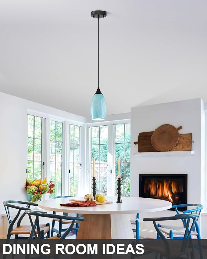 ANYLOVE Vintage Art Blue-Gold Pendant Lighting,3-Pack Hand Glass Hanging Light Fixture,Adjustable Cord for Kitchen,Hallway,Dining Room