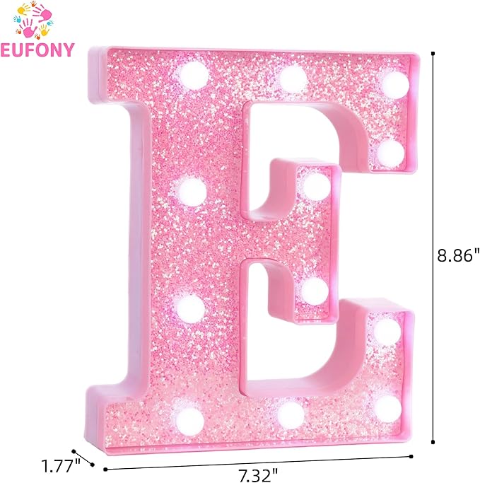 Pink Marquee Light Up Letters, Glitter Alphabet LED Letter Lights for Pink Birthday Party Decorations, Battery Operated Letter Sign for Girls Room Vanity Table Decor, Cool White Lights Letter E