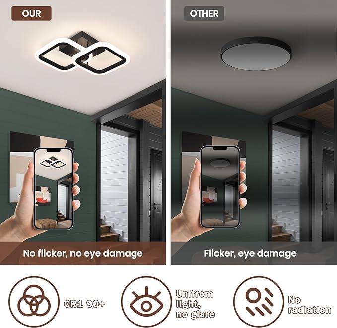 CANEOE Black Led Ceiling Light,4500K Daylight White Modern Hallway Light Fixtures, Acrylic Indoor LED Ceiling Light Fixtures for Hallway Bathroom Kicthen Balcony Closet