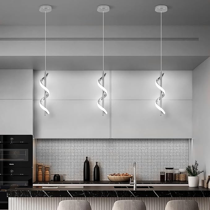 CANEOE 3 Packs Modern Spiral Led Pendant Light Fixture, Cold White 5500K Kitchen Island Pendant Lamp, Adjustable Hanging Light Fixture for Bedroom Living Room Kitchen Sink (Chrome)