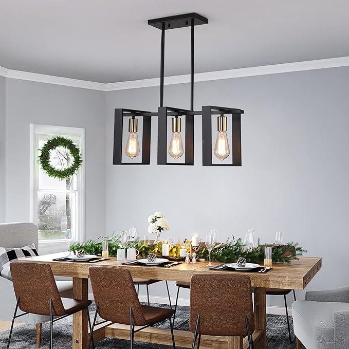 9MMML 3 Lights Kitchen Island Lighting, Modern Rectangle Linear Pendant Light, Black Frame+ Gold Socket Chandelier for Dining &Living Room Foyer Entryway Hallway,E26,Height Adjustable.