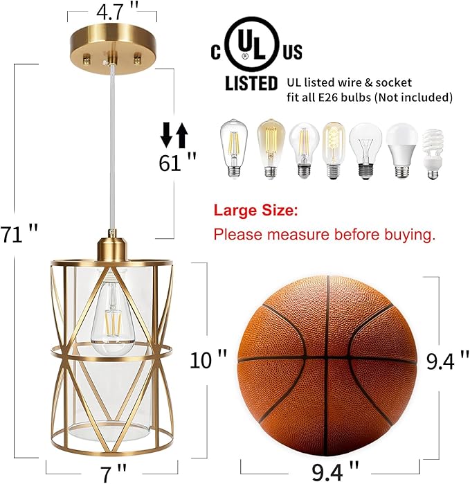 Brushed Gold Pendant Light, 7"×10" Dual-Shade Kitchen Island Lighting with Clear Glass Shade, E26 Adjustable Height 1"-61", UL Listed, for Dining Room Foyer Entryway — Bulbs Not Included