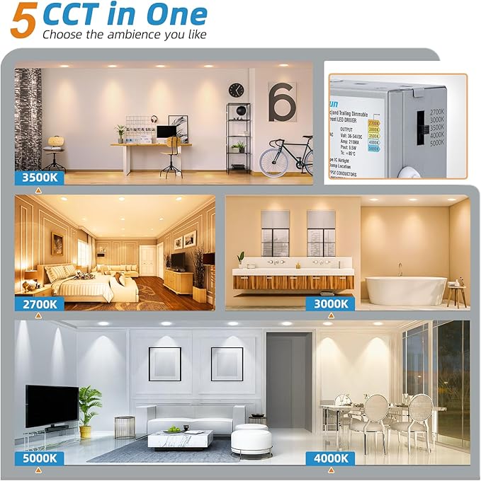 VOLISUN 8 Pack 4 inch Recessed Lighting, 5CCT LED Recessed Light with Junction Box, 2700K-5000K Selectable, 9.5W Eqv 80W, 810LM Dimmable Canless Wafer Downlight, LED Ceiling Light ETL Certificated