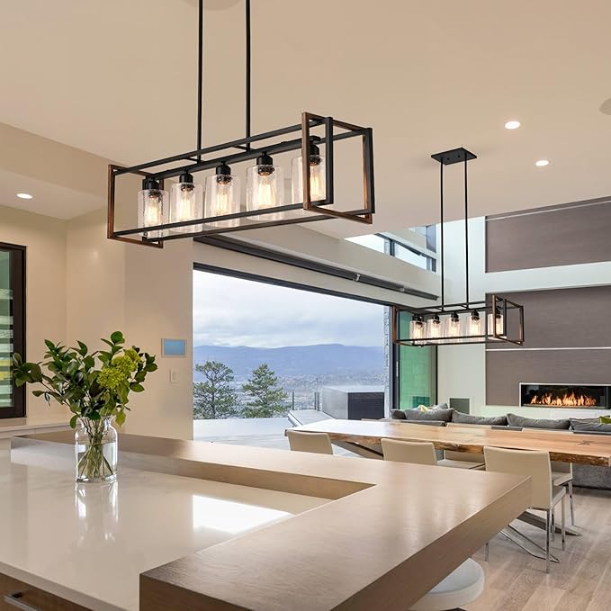 5-Light Black and Bronze Kitchen Island Lighting, Farmhouse Dining Room Light Fixtures Over Table, Linear Chandelier for Dining Room, Pool Table Pendant Light with Seeded Glass Shade