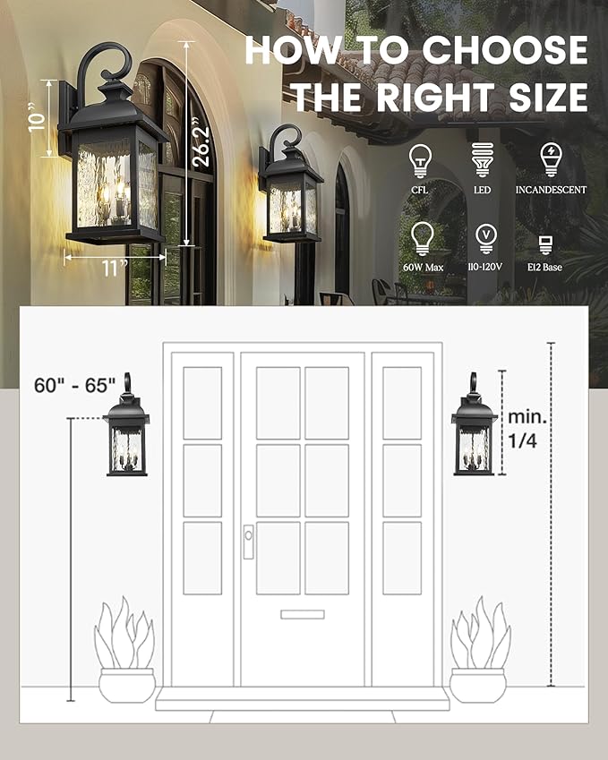 FEMILA 26" Outdoor Wall Light, Large Exterior Wall Lantern with Water Ripple Glass, 3-Light Outdoor Wall Light Fixtures for Entryway, Patio, Garage, Doorway, E12 Base, 4FD54B-L BK