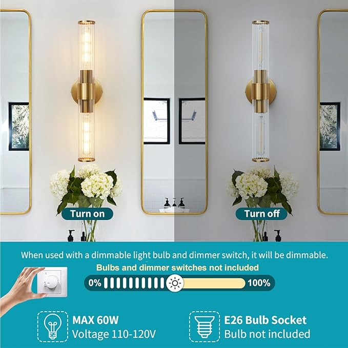 Gold Bathroom Light Fixtures 2 Pack, Vanity Lights for Mirror with Threaded Glass Shade, 20 Inch Up and Down Wall Sconces for Bathroom Bedroom Living Room Hallway - Bulb Not Included