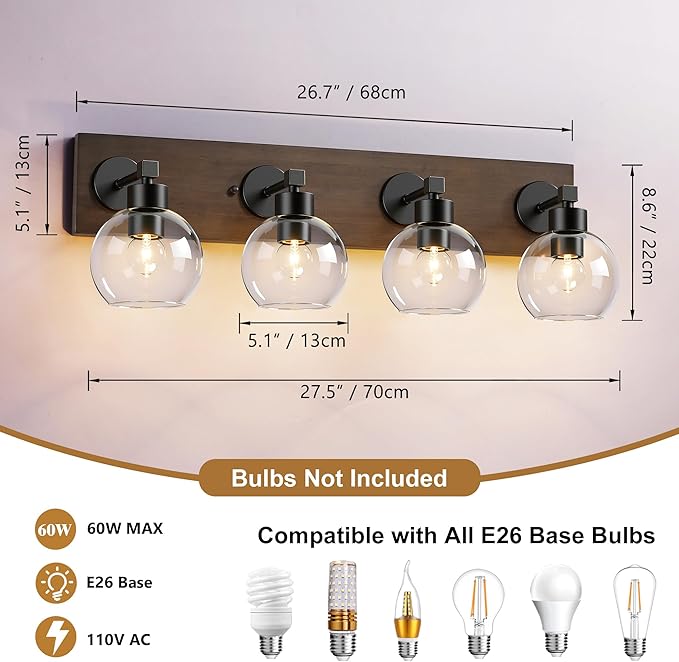Farmhouse Bathroom Vanity Light Fixtures, Bathroom Light Fixtures Over Mirror,4-Light Rustic Black Wood Wall Sconces, Vintage Vanity Light for Bathroom with Clear Glass Shade (Black, 4-Light)