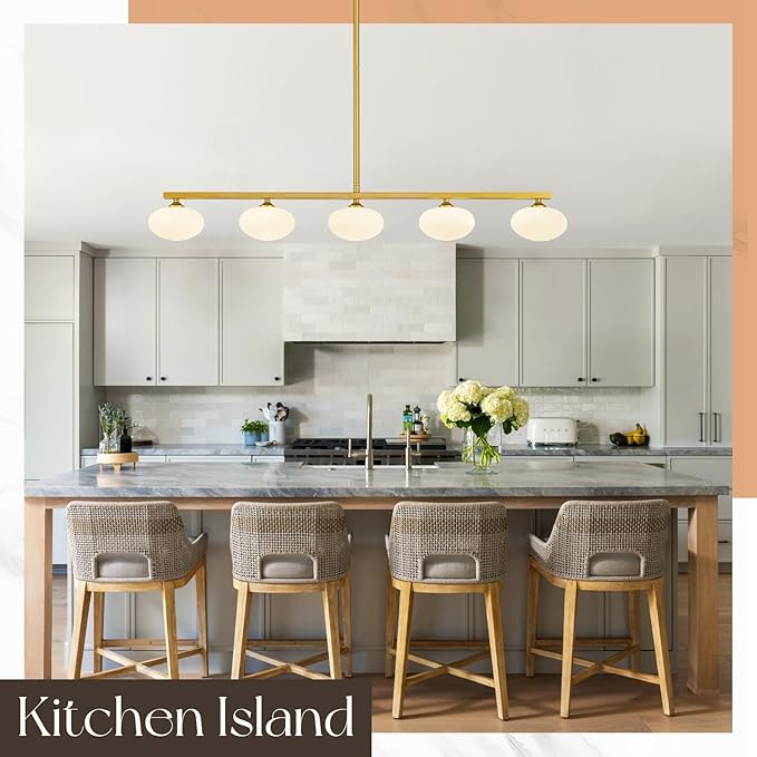 Gold Linear Chandelier, 5-Lights Kitchen Island Light, Dining Room Light Fixture Over Table, Mid Century Globe Chandelier