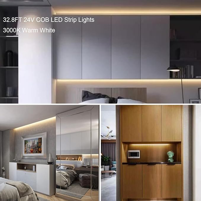 COB LED Strip Lights 32.8ft,3000K DC 24V Dimmable Warm White Flexible LED Lights Strip for Bedroom,with Remote and app Control LED Rope Lights for Living Room,Shelf,Cabine,Bed