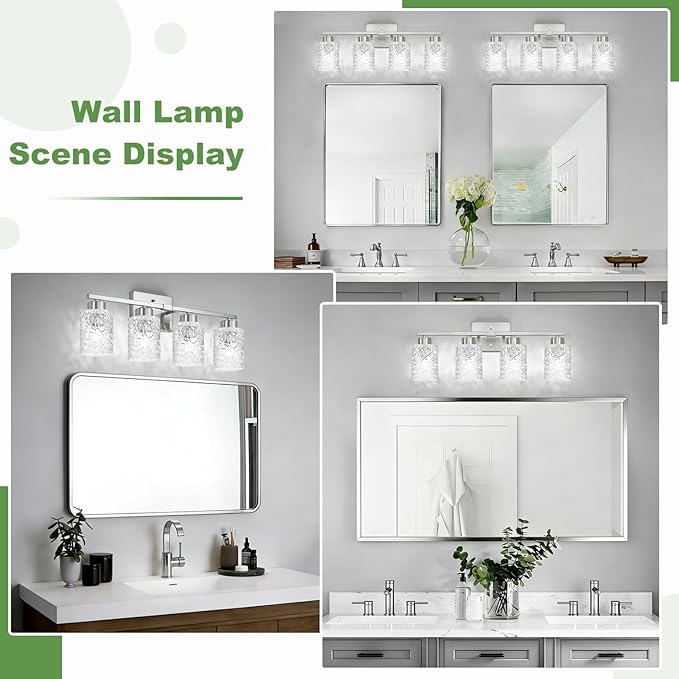 Brushed Nickel Bathroom Light Fixtures, 3-Light Modern Bathroom Vanity Wall Light, Vanity Lights for Mirror, Wall Sconces with Clear Textured Glass (E26 Socket, Bulbs Not Included)