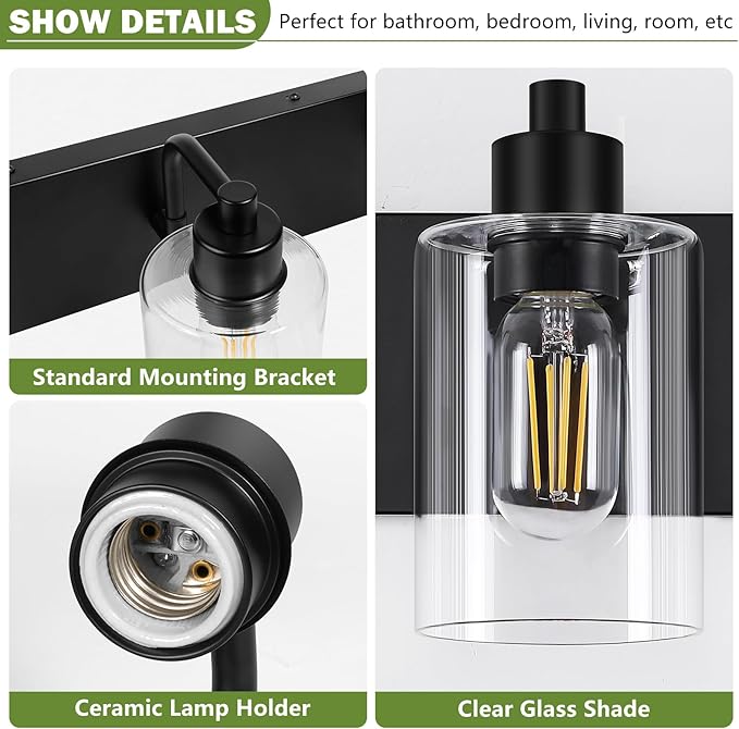 Dpyrrhic Matte Black Bathroom Light Fixtures,5-Light Bathroom Lights Over Mirror with Clear Glass Shade,Wall Sconces for Bathroom, Bedroom, Hallway