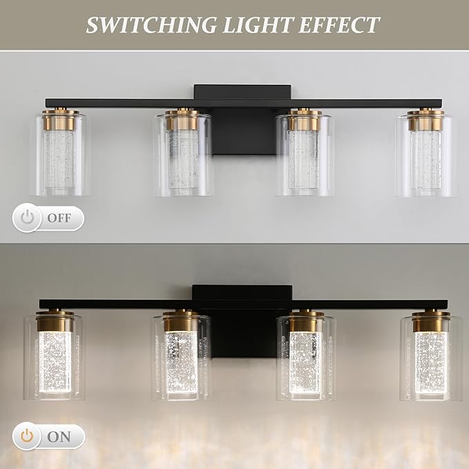 EMONG 4-Light Black&Gold Bathroom Light Fixtures,Dimmable 5CCT LED Vanity Lights with Clear Glass,2700K-6500K Adjustable Crystal Bubble Black Bathroom Vanity Light Over Mirror for Hallway