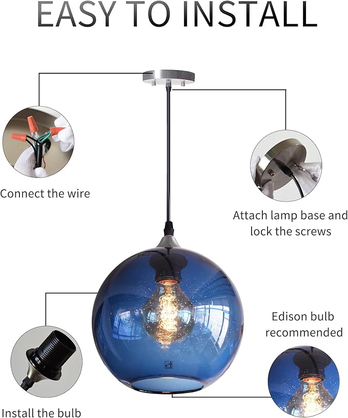 ARIAMOTION Pendant Lights Kitchen Island Blue Glass Lighting Modern Globe Ceiling Hanging Fixtures Seeded Bubble Bedside 8.7 Inch Diam 2-Pack Brushed Nickel