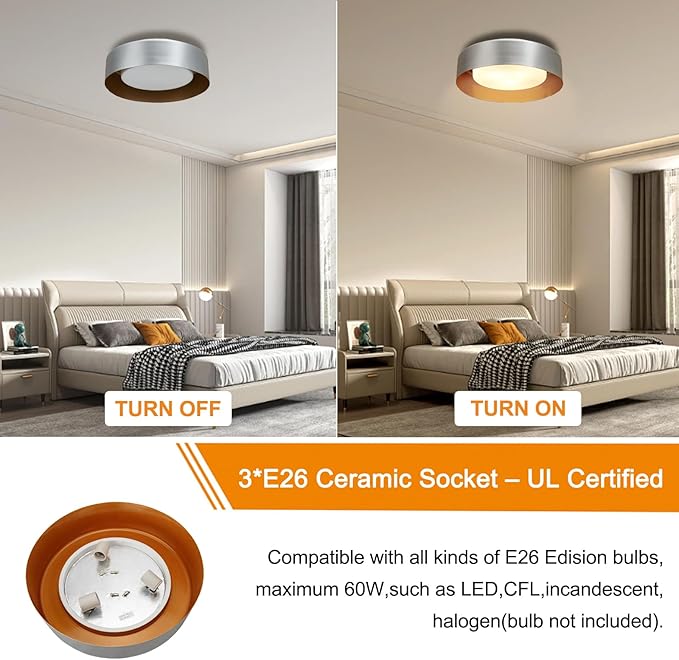16in Ceiling Light,3-Light E26 Bulb Type,Frosted Glass Lampshape，Large Modern Flush Mount Lamp Fixture for Living Room Bedroom Kitchen Hallway Foyer, Silver Gray