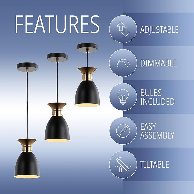 JONATHAN Y 5.75" Black/Brass Gold Modern Metal LED Pendant Light Fixture, Adjustable Hanging Ceiling Lamp for Kitchen Island Bedside, Metal Black Shade, LED Bulb Included JYL6136A