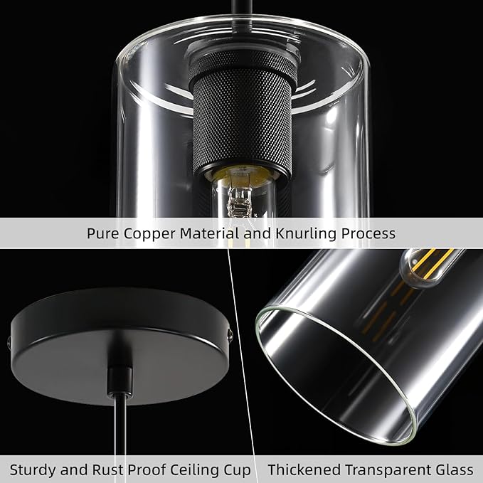 Modern Black Glass Pendant Light: Seeded Clear Glass Pendant Light over Kitchen Island - Minimalist Brass Hanging Lights with Short Tube - Height Adjustable Pendants Lighting Fixture for Dining Room