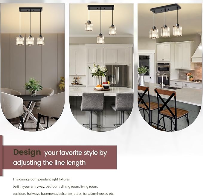 3 Light Pendant Lighting for Kitchen Island, Black Hanging Light Fixture for Ceiling, Farmhouse Dining Room Lights for Bedroom, Hallway, Modern Glass Chandelier, E26 Base, Bulbs Not Included