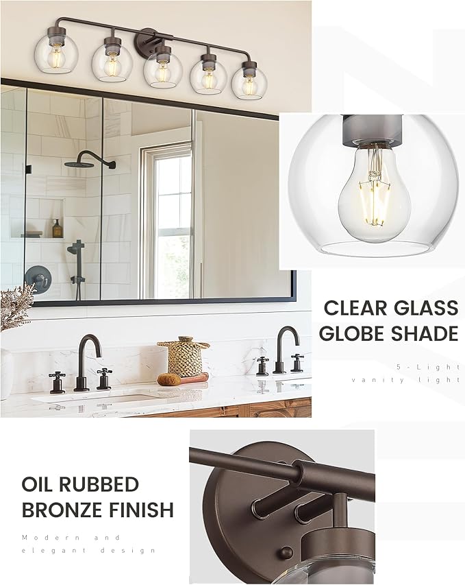zeyu 5-Light Modern Vanity Light Fixture, 38.5 Inch Bathroom Light Fixtures Wall Mount with Clear Glass Globe Shade, Oil Rubbed Bronze Finish, ZS62BG-5W ORB