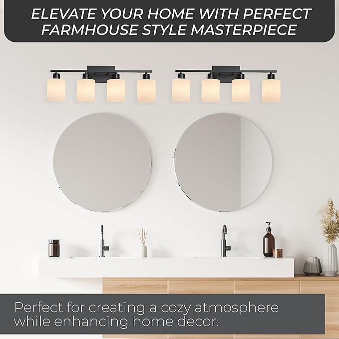 The Door Bull Modern Bathroom Vanity Light, Milky White Glass Shades, Wall Sconce for Bedroom & Living Room, E26 Socket, Over Mirror Lighting Fixture (Matte Black, 4 Lights)