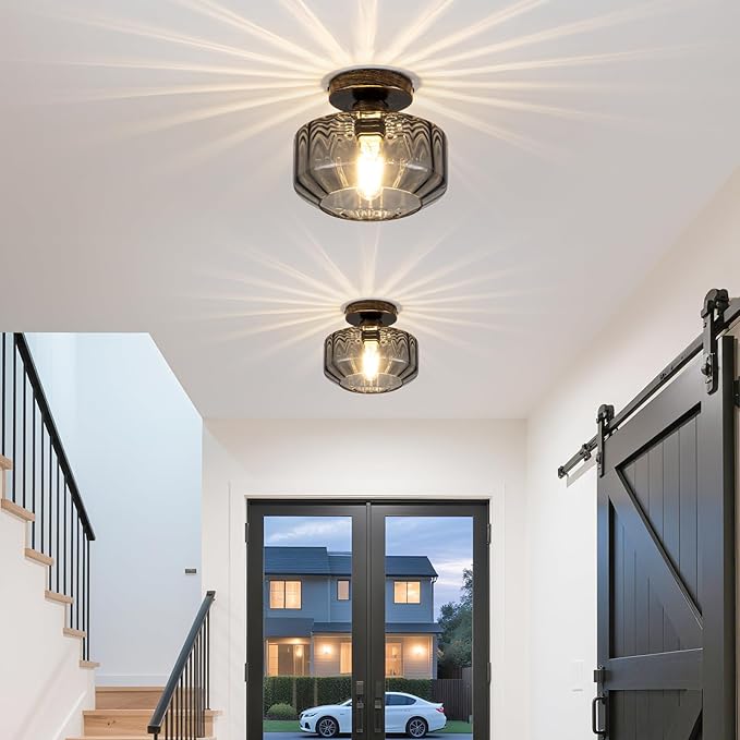 Tbaoinal Semi Flush Mount Ceiling Light Textrued Smoked Glass Shade Matal Base Inclede LED Bulb,for Kitchen/Hallway/Entryway/Bathroom for a Black Champagne Gold
