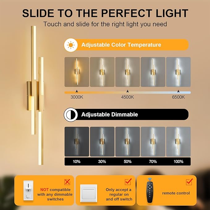 Benkut Modern LED Wall Sconce Gold Remote Wall Light Fixtures for Bathroom, Dimmable Vanity Light Indoor LED Remote Wall Sconce for Living Dining Room Bedside Bedroom (3000-6500K 35.4inch)