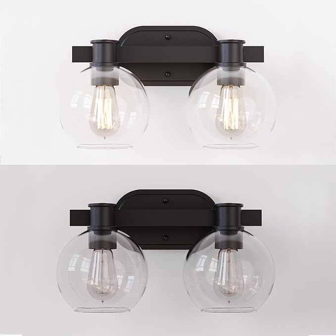 Tawson Dan Modern Farmhouse 2-Light Vanity Light Wall Sconce Lighting with Clear Glass Globe Shade in Light Black Finish for Bedroom, Hallway, Kitchen