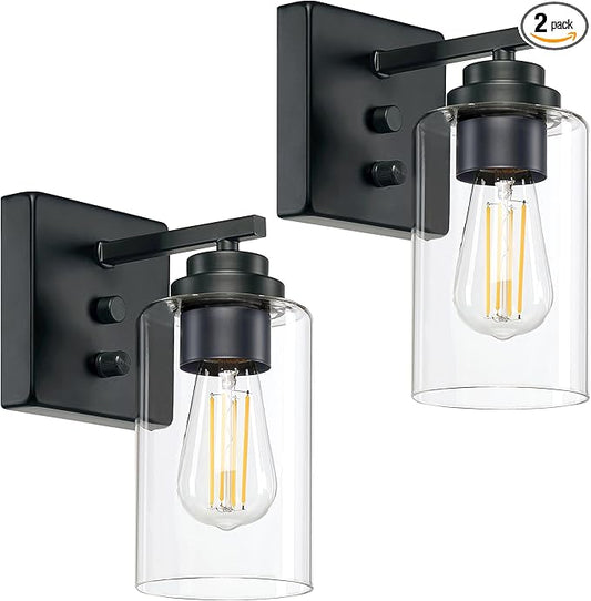 Loyareal Wall Sconces Set of Two, Wall Mounted Bedside Lamps with Rotary Switch, Matte Black Sconces Wall Lighting, Bathroom Light Fixtures with Clear Glass Shade, Wall Lights for Bedroom Living Room
