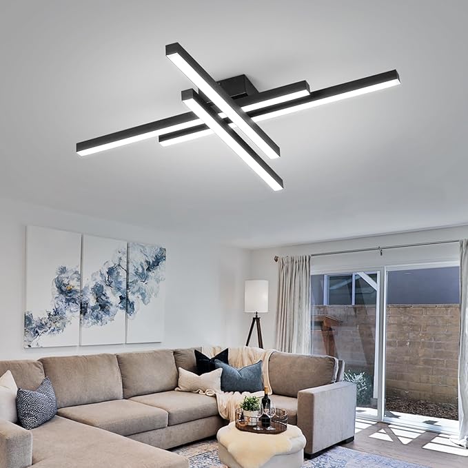 JAYMP 43.3" Modern Ceiling Light with Remote, Black Sputnik Ceiling Lamp, 64W Dimmable LED Lighting Fixture for Dining Room, Living Room, Kitchen Island, 4 Lights
