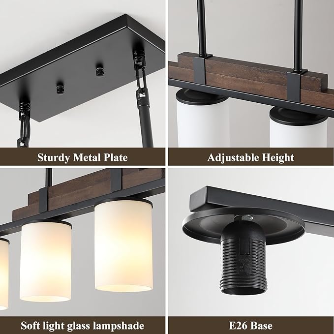 Farmhouse Wood Kitchen Island Lighting, 4-Light Adjustable Chandelier for Dining Room, Milk Glass Shade Dining Room Light Fixture Over Table, Black Hanging Pendant Lights for Kitchen, Pool Table