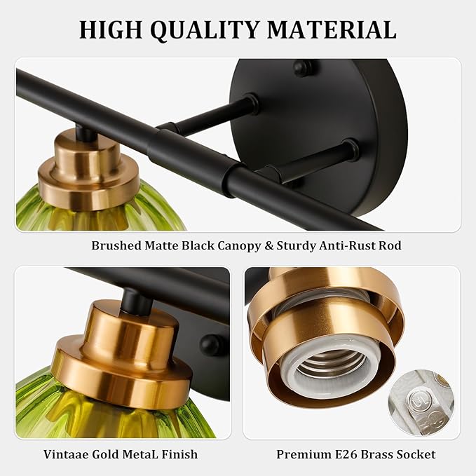 TALOYA Bathroom Vanity Light Fixtures, 4-Light Modern Black and Gold Wall Lights for Mirror, Green Tulip Glass Shades Over Sink Lighting for Bedroom, Living Room, and Hallway,Farmhouse