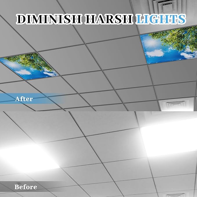 VIHOSE 4 Pcs 2 x 2 Feet Fluorescent Light Covers for Ceiling Lights Classroom Magnetic Light Filters for Reducing Harsh Glare Flicker for Office Classroom Home Drop Ceiling(Sky Leaves)
