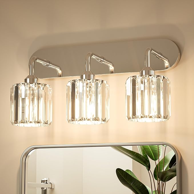 Keonjinn 3-Light Chrome Bathroom Light Fixtures, Crystal Bathroom Vanity Lights Over Mirror, Chrome Vanity Lighting Fixtures with Crystal Square Shades (E26 Base, Exclude Bulb)