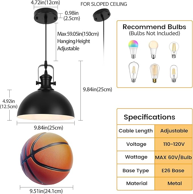 Black Pendant Lights 2 Pack, 9.8" Farmhouse Pendant Lights Kitchen Island, Modern Kitchen Island Lighting, Industrial Pendant Light, Island Lights for Kitchen Dining Room
