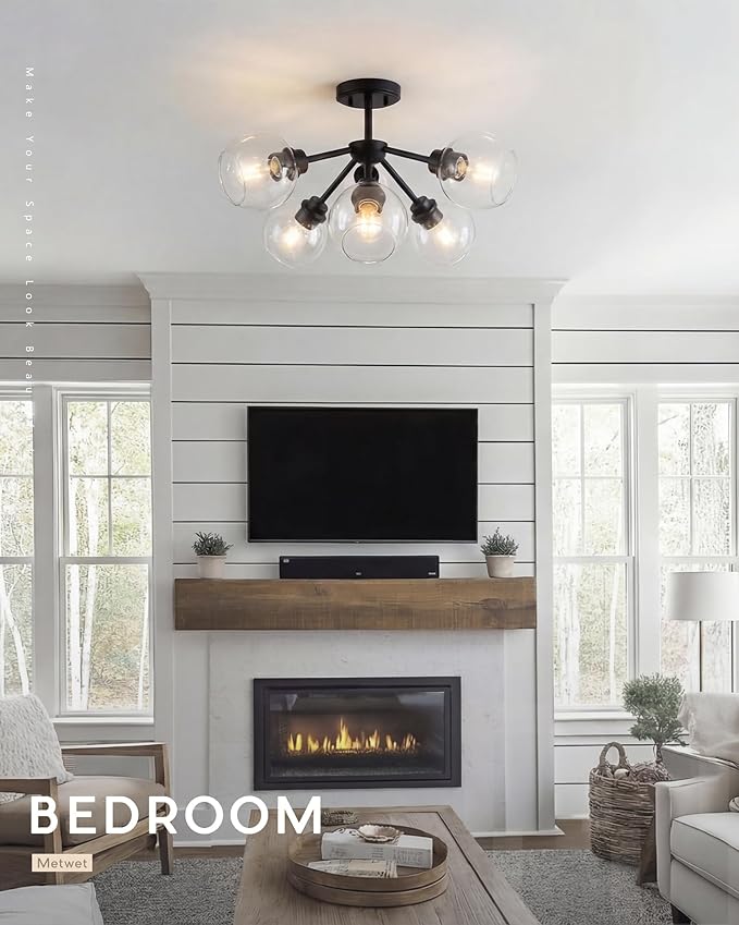 6-Light Semi Flush Mount Ceiling Light, 22" Modern Light Fixtures Ceiling Mount with Globe Clear Glass Shade, Matte Black Light Fixtures for Kitchen Entryway Bedroom, SM195-MB-6