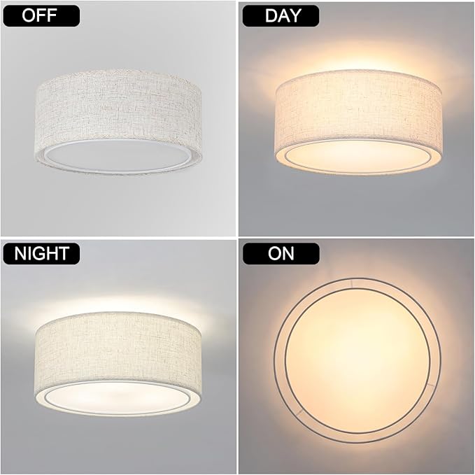 Luupyia 12.59 Inches Fabric Drum Ceiling Light Fixture, 3-Lights White Simple Semi Flush Mount Ceiling Lights with Double Fabric Shade, Drum Overhead Lighting for Bedroom Hallway E26, 60W