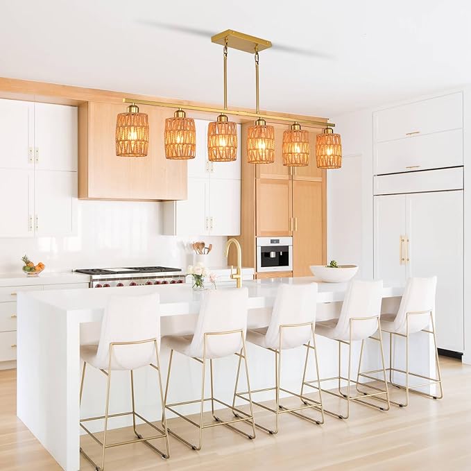 Rattan pendant lights for kitchen island,6-Light Boho Coastal Chandelier Gold,Bohemian Rustic Pendant Light Fixture for Dining Room,Height Adjustable,Farmhouse Woven Hanging Lights Over Table.