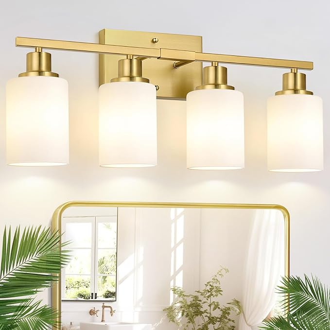 Indoi 4-Light Bathroom Light Fixtures, Brushed Gold Vanity Lights with Milk Glass Shades, Modern Bathroom Wall Lamp for Mirror Living Room Bedroom Porch