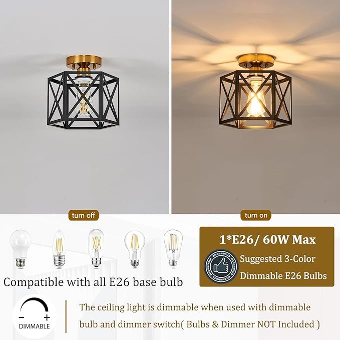 Modern Farmhouse Black and Gold Ceiling Light,Industrial Semi Flush Mount Ceiling Lighting Fixture,Hexagonal Hallway Lighting Fixtures for Kitchen,Bedroom,Foyer,Entryway,Laundry Room,1-Light