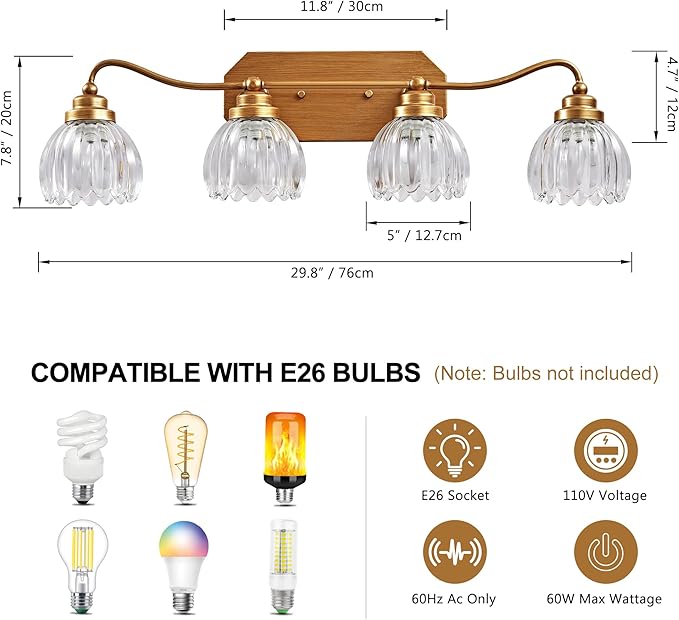 Vintage Bathroom Light Fixtures, 4 Light Gold Bathroom Vanity Light, Matte Antique Brass Finish with Crystal Glass Shade, Wall Sconces Lighting for Bedroom, Living Room, Hallway