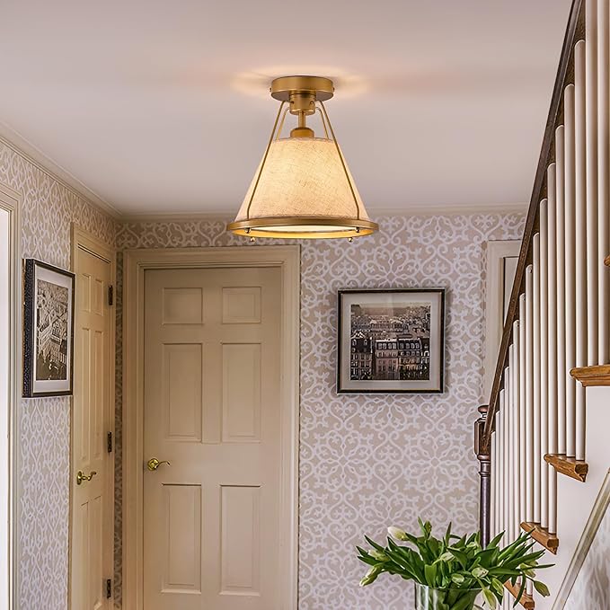 Gold Semi Flush Mount Ceiling Light Fixture with Fabric Shade Modern Bedroom Light Fixture Farmhose Close to Ceiling Light for Living Room Kitchen Hallway Entryway