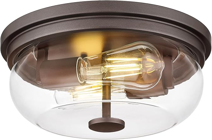 HWH INVESTMENT 2-Light Flush Mount Ceiling Light, Rustic Ceiling Light Fixture for Closet Hallway Entryway, 12 Inch Flush Mount Ceiling Light with Clear Glass, Oil-Rubbed Bronze Finish, 5HJX109F ORB