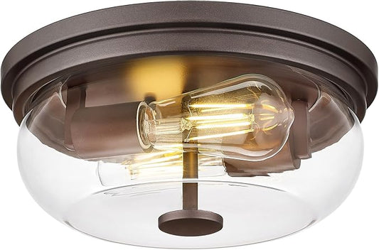HWH INVESTMENT 2-Light Flush Mount Ceiling Light, Rustic Ceiling Light Fixture for Closet Hallway Entryway, 12 Inch Flush Mount Ceiling Light with Clear Glass, Oil-Rubbed Bronze Finish, 5HJX109F ORB