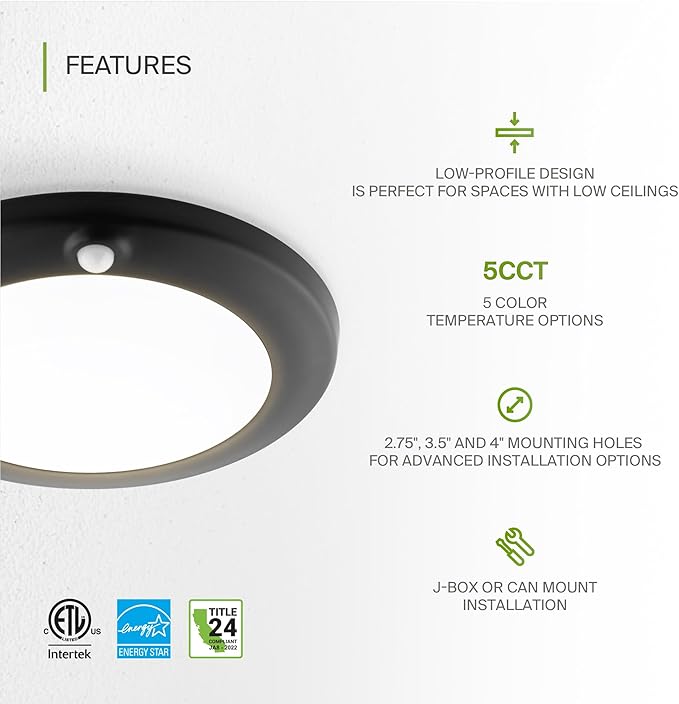 ASD 6 Inch Motion Sensor LED Disk Lights - 15W 120V 2700-5000K Black Dimmable Flush Mount Ceiling Light Fixture, Low Profile Surface Mount Disc Lights, Junction Box & Can, ETL, Energy Star, 6 Pack