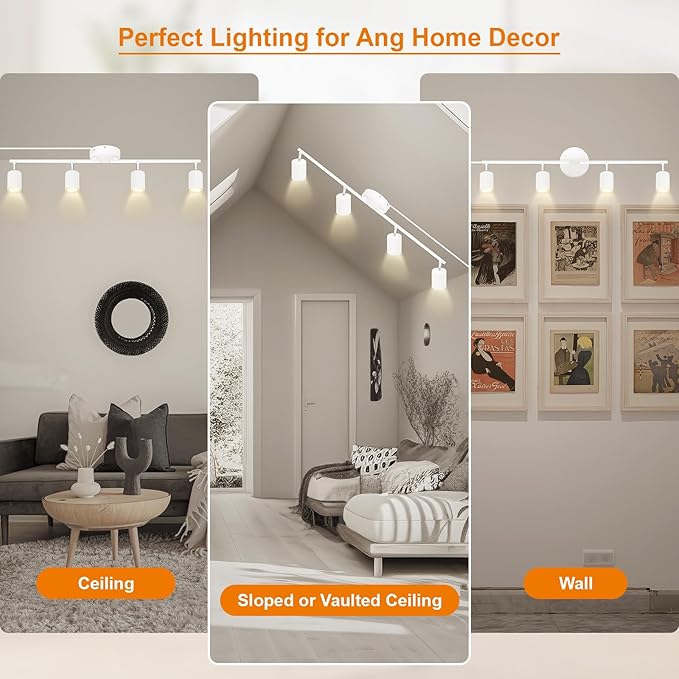Track Lighting Plug in, LED Track Lighting Fixtures Ceiling Kit, White 4-Light Ceiling Light Plug-in, Wall Light with 14.8ft Power Cord, Rotatable Kitchen Spotlight for Bedroom(GU10 Socket, NO Bulb)