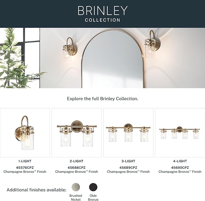 Kichler Brinley 4-Light Bathroom Vanity Light Fixture with Clear Glass in Champagne Bronze, Industrial Farmhouse Style for Mirror Lighting (32.5" x 10.25" x 6.75"), 45690CPZ