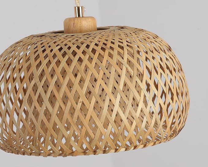Bamboo Pendant Light Fixture One-Light Adjustable Boho Basket Handmade Woven Pendant Lighting for Kitchen Island Sink Farmhouse Dining Room