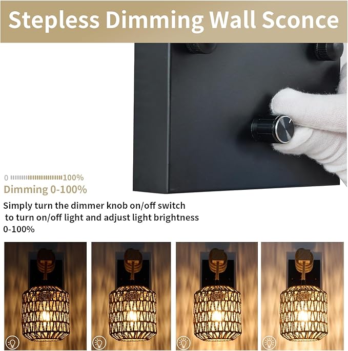 Rattan Boho Wall Sconce, Hardwired Hand-Woven Farmhouse Wall Lamps with Wooden Arm & On/Off Dimmable Switch,Large Rustic Indoor Wall Mount Light Fixtures for Bedroom Nursery Bathroom, 1 Pack